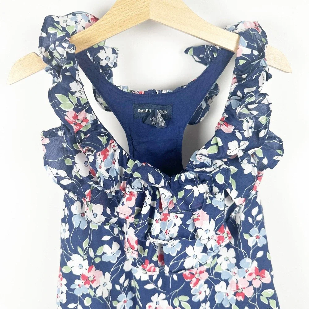 Ralph Lauren Floral Dress Girls 8 Navy Blue Ruffle Racerback Sundress‎